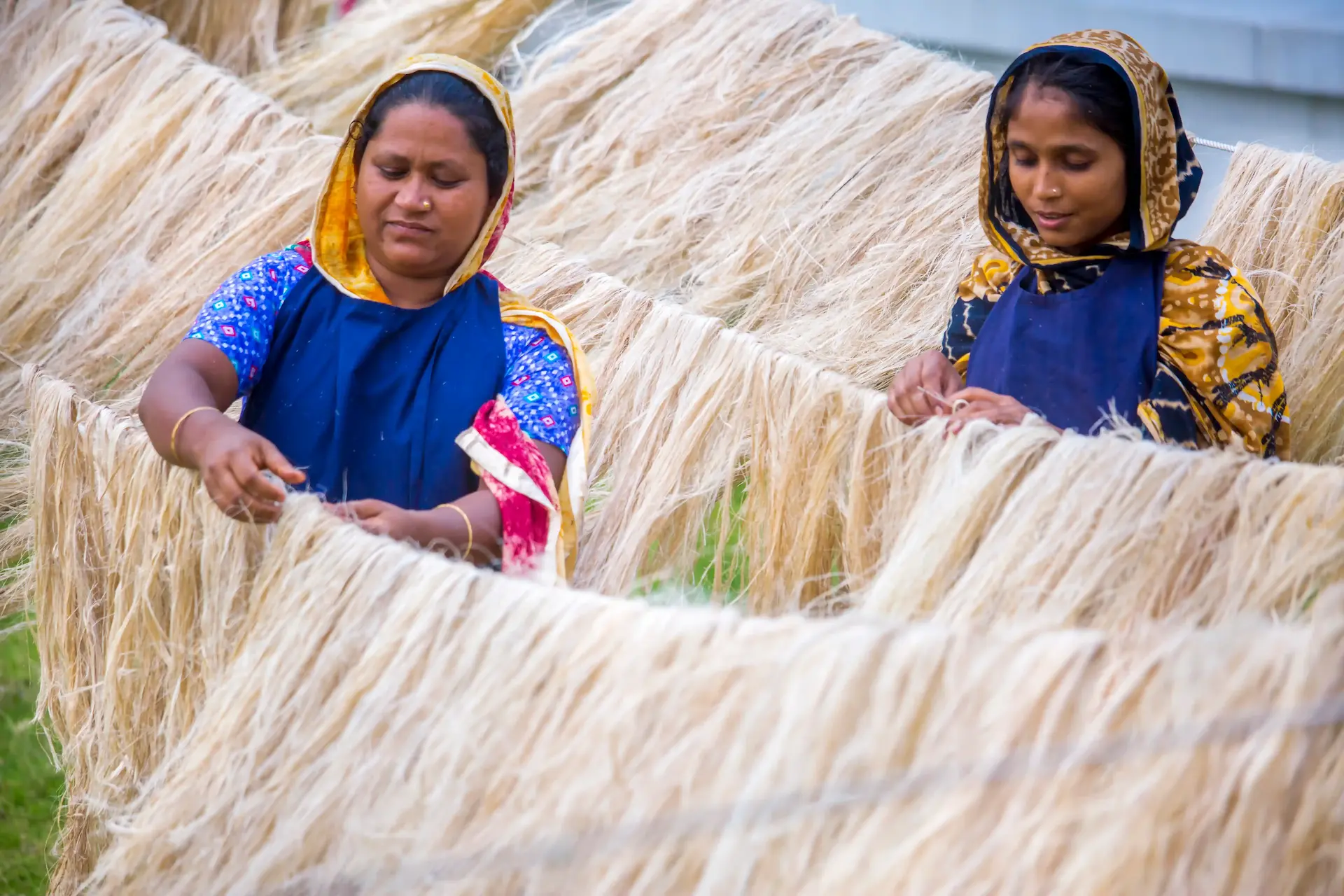 Workers handling raw jute fibre