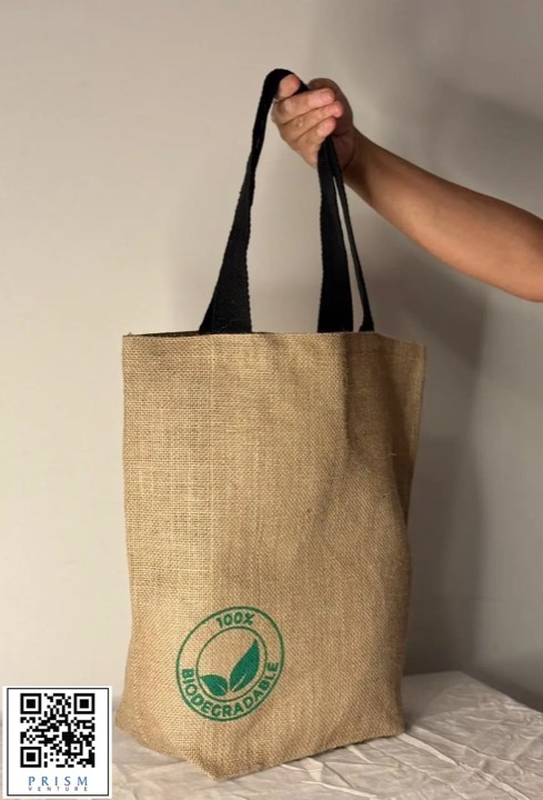Natural jute tote with black handles